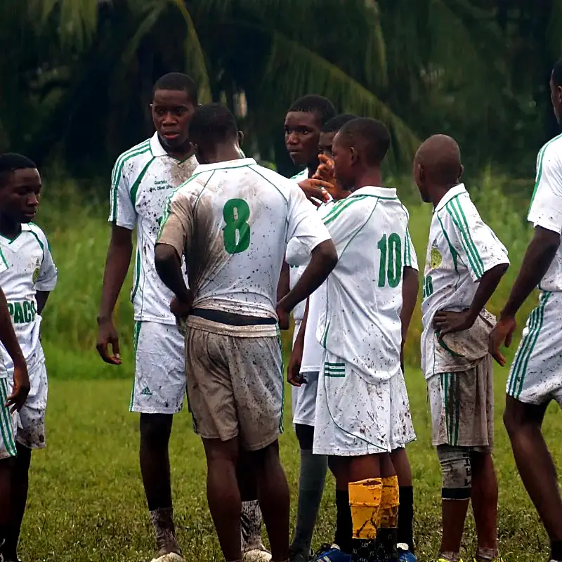 Players contesting the ball during a match